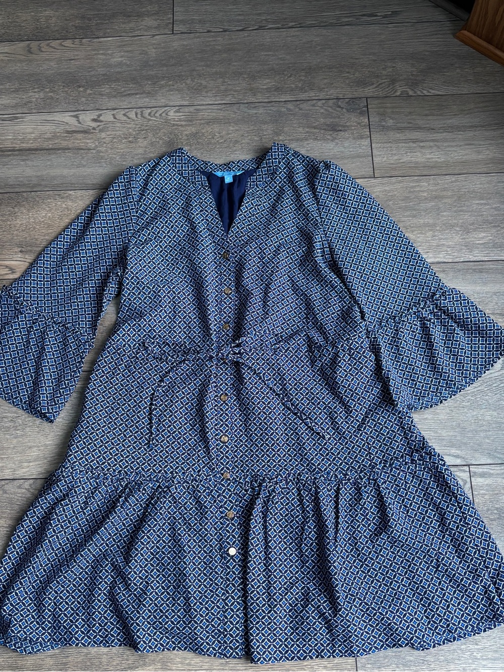 Draper James Blue White Geometric Button Front V-Neck Lined Dress Sz M